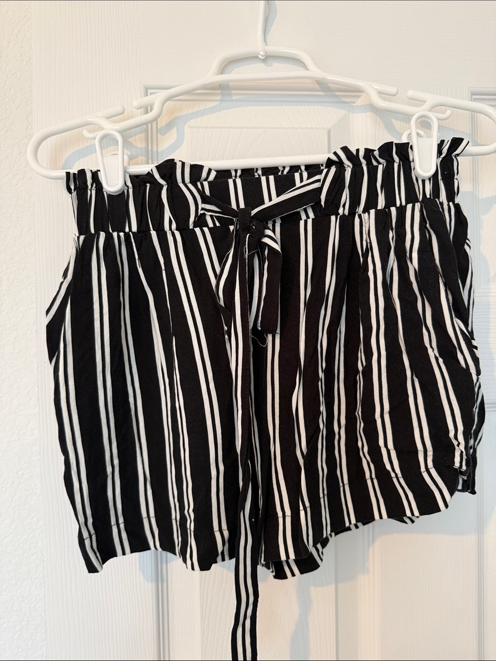 Black and White Vertical Stripe Paperbag Waist Shorts